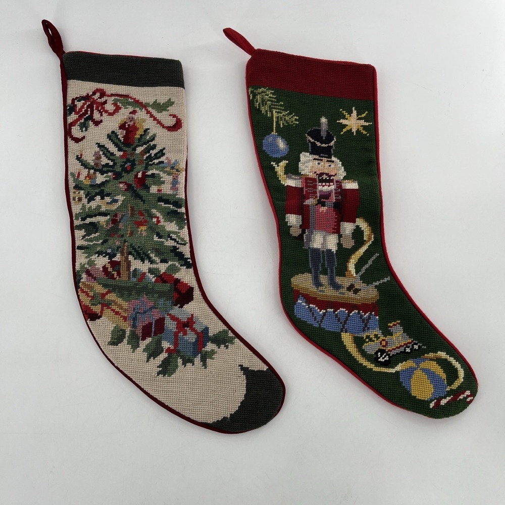 2 Sferra‎ Needlepoint Christmas Stockings Completed Nutcracker 21" & Tree 22"